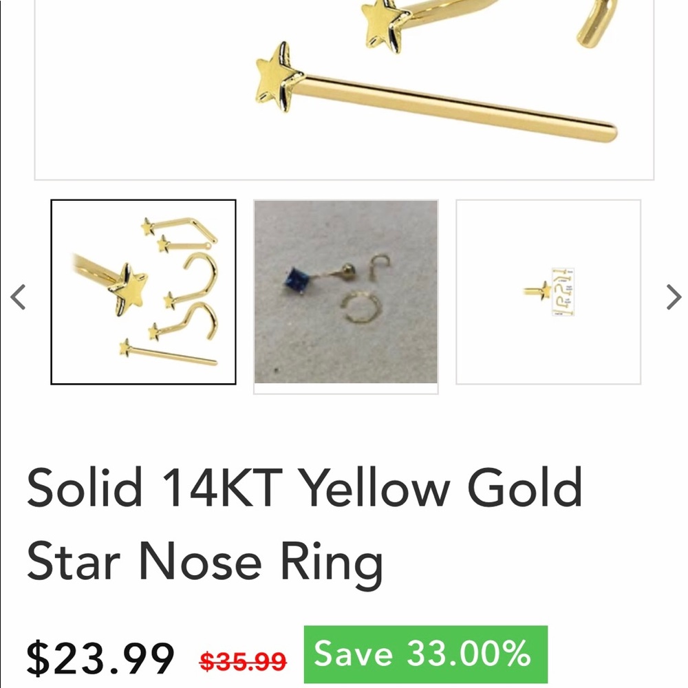 Real 14kt yellow gold nose ring and star stud